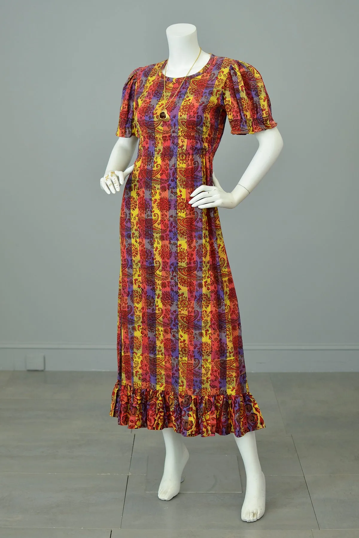 1970s Sunset Hues Puff Sleeve Paisley Print Peasant Dress