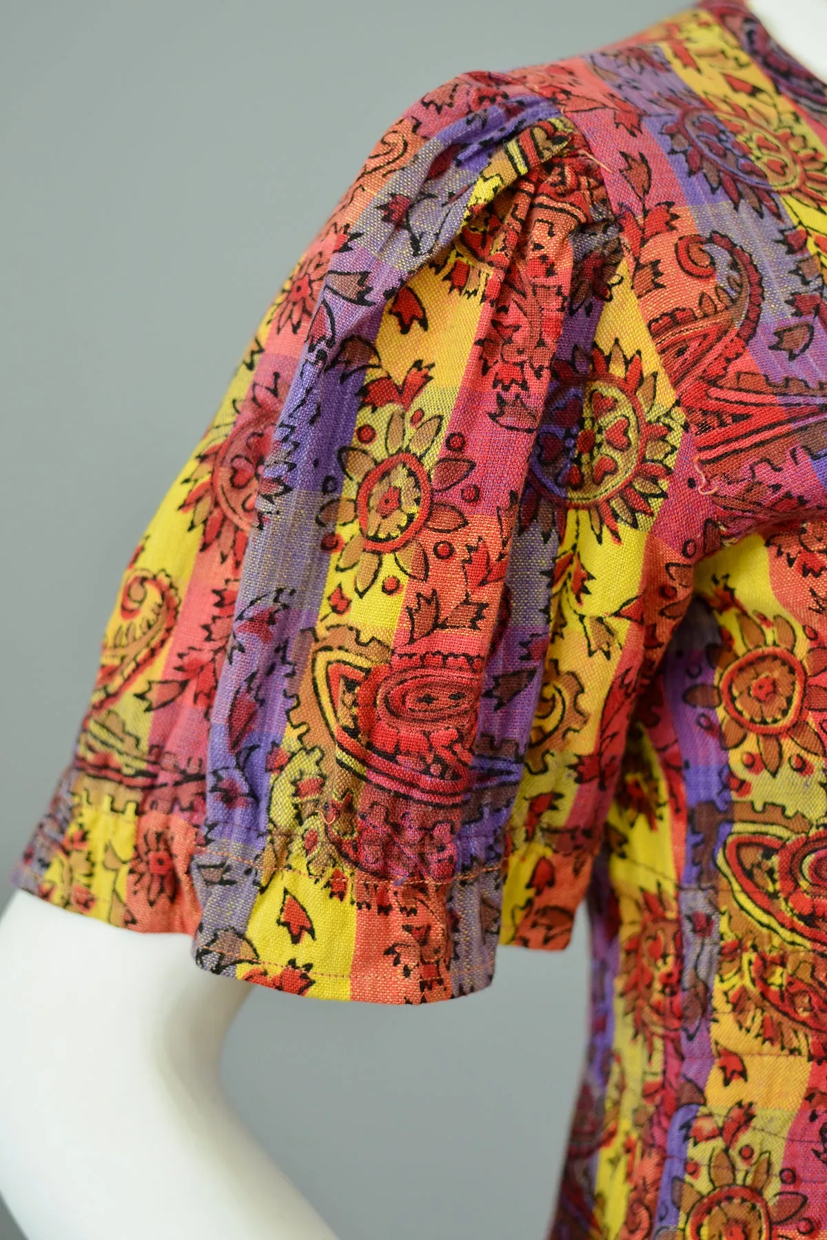 1970s Sunset Hues Puff Sleeve Paisley Print Peasant Dress