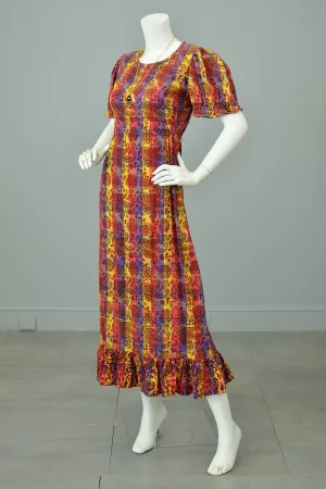 1970s Sunset Hues Puff Sleeve Paisley Print Peasant Dress