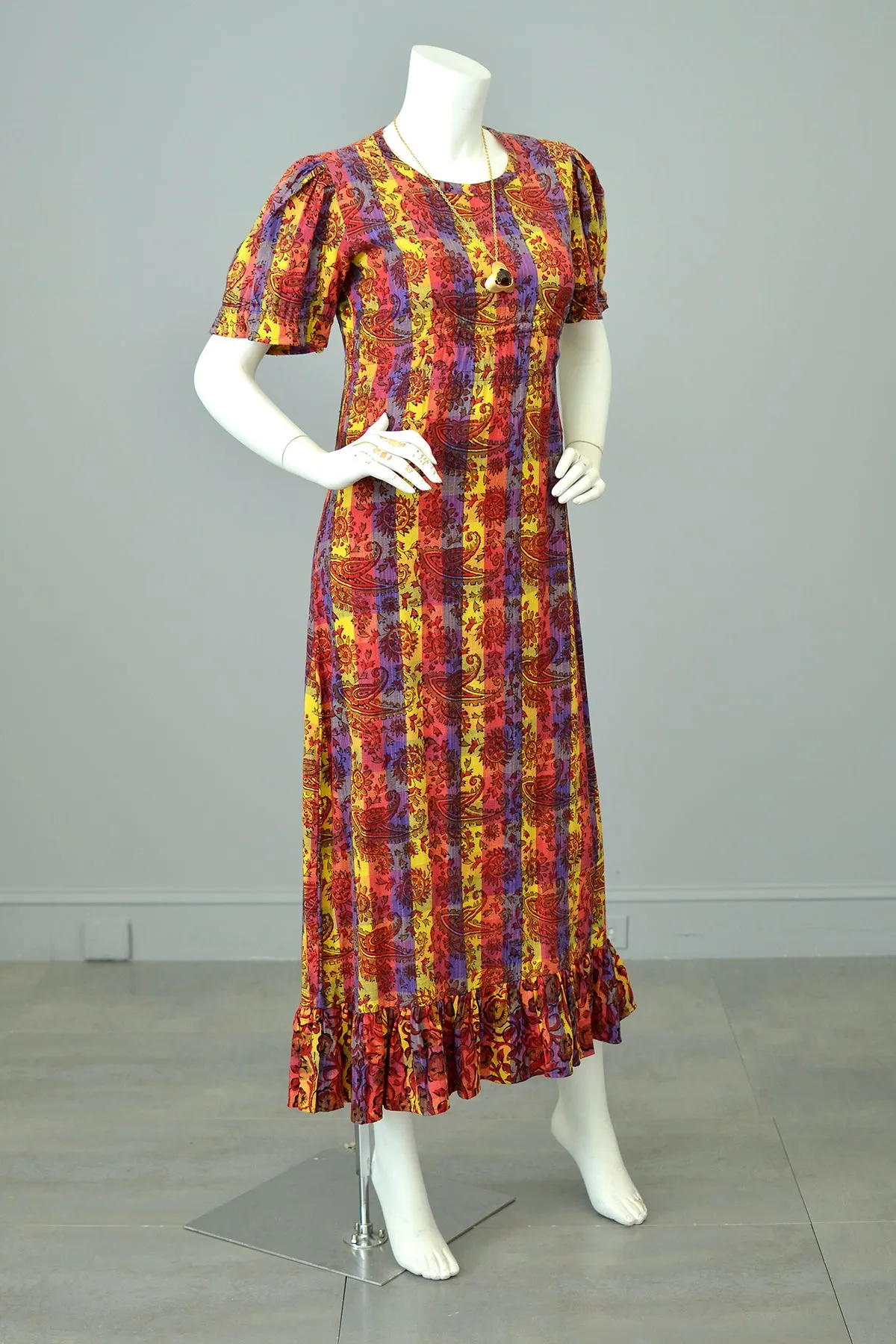 1970s Sunset Hues Puff Sleeve Paisley Print Peasant Dress