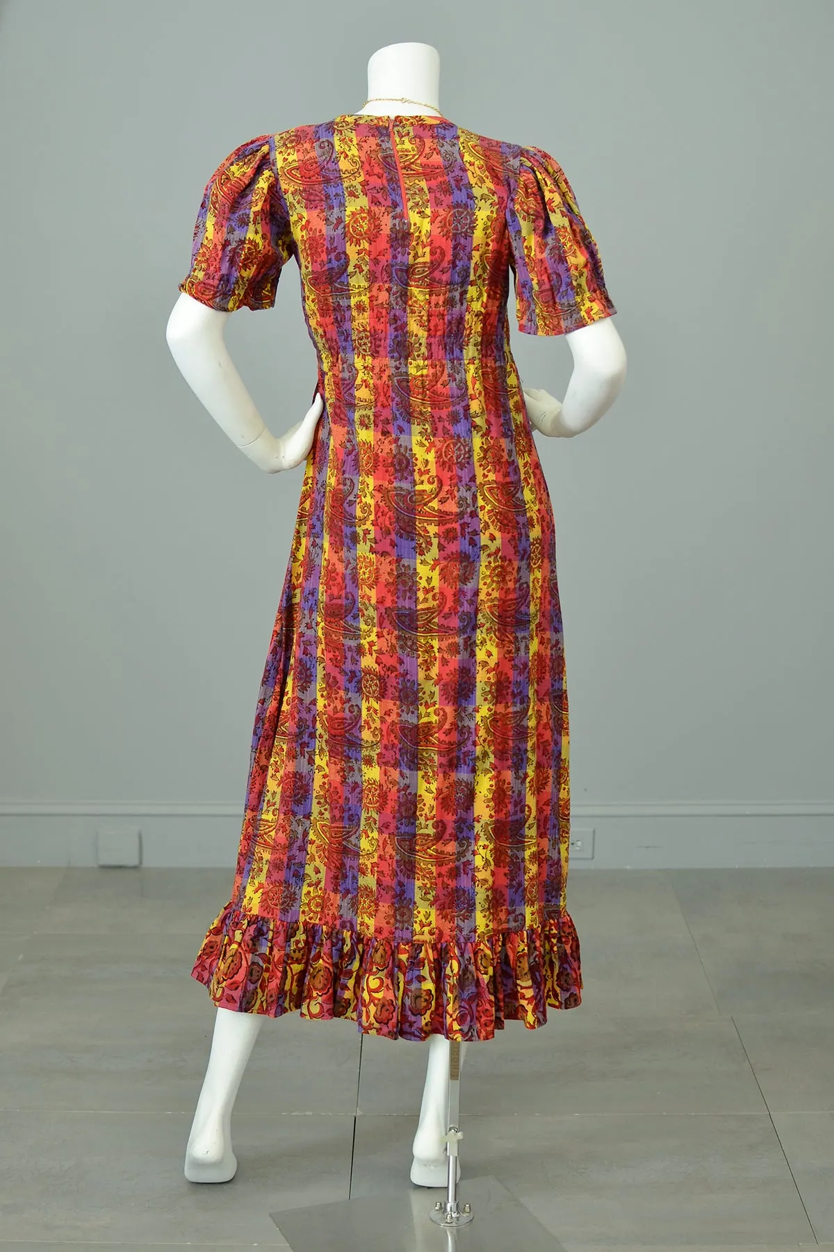 1970s Sunset Hues Puff Sleeve Paisley Print Peasant Dress