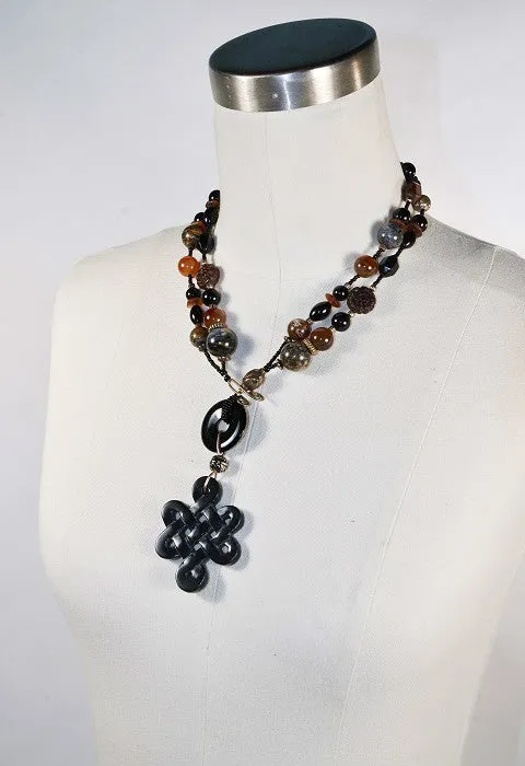 Agate   Glass Beaded Necklace, Adjustable Length Accent Pendant