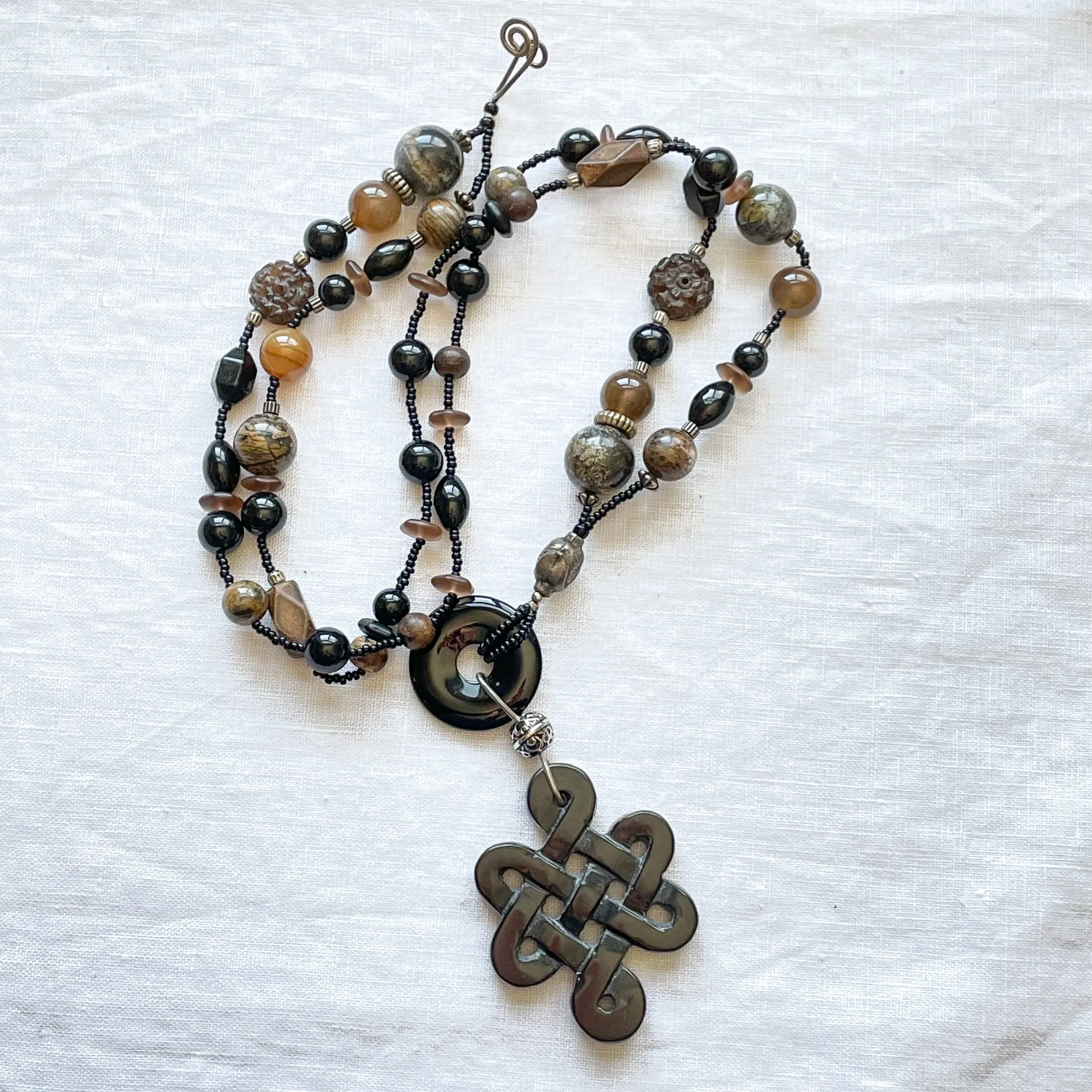 Agate   Glass Beaded Necklace, Adjustable Length Accent Pendant