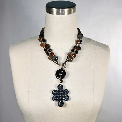 Agate   Glass Beaded Necklace, Adjustable Length Accent Pendant