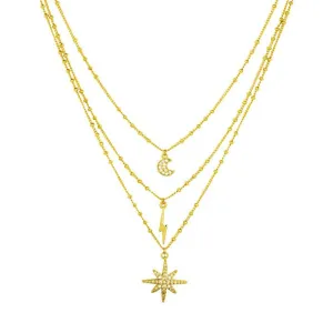 Ashiana JNC09248 3 Line Star & Moon Necklace in Gold