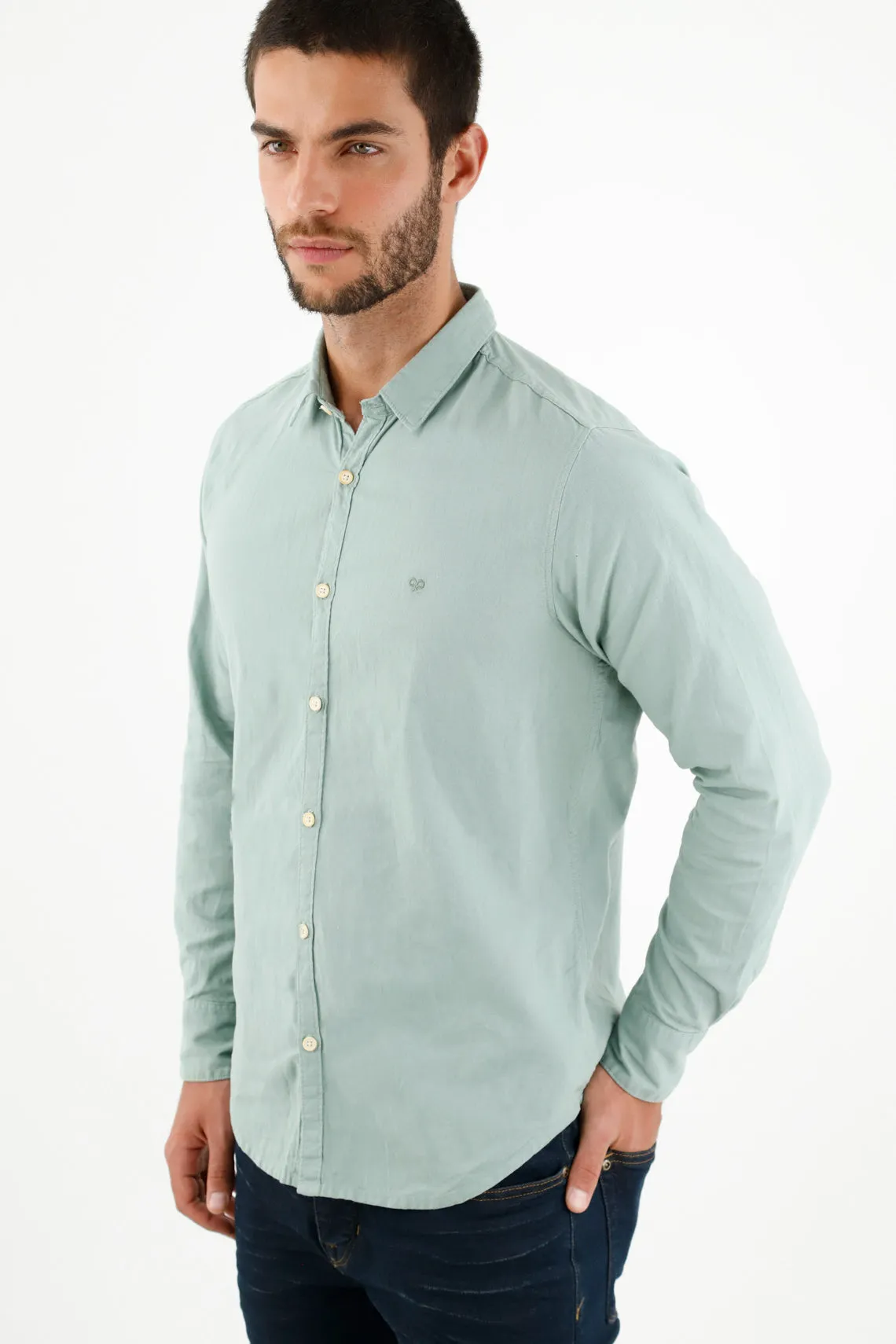 Camisa cuello clásico verde para hombre