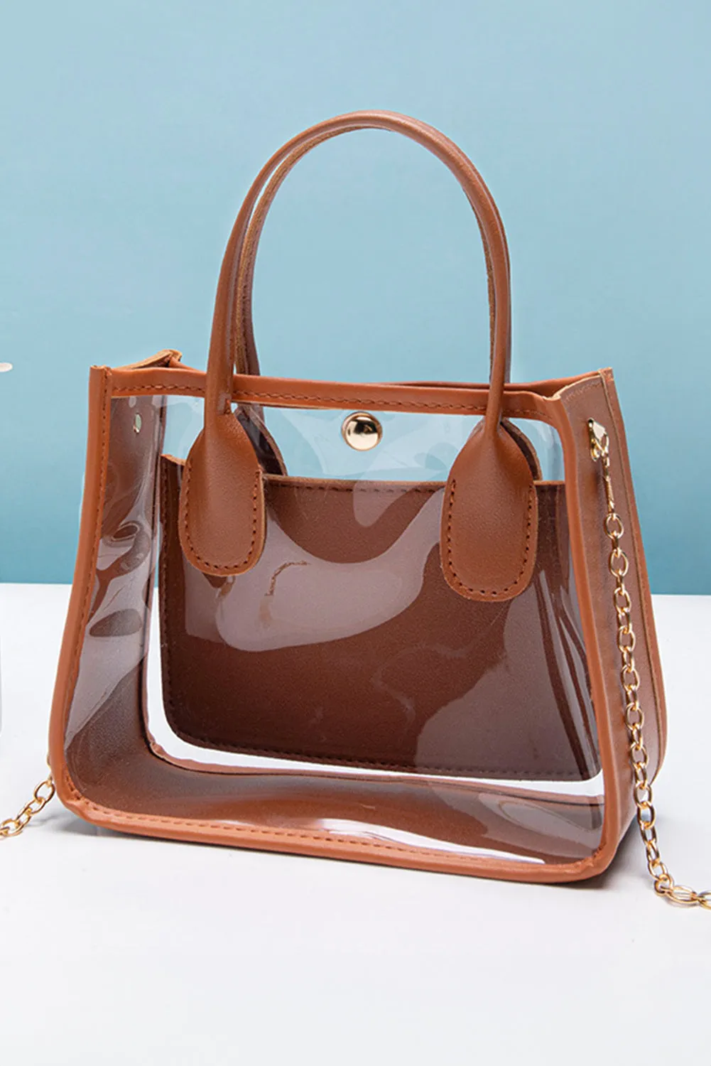 Chestnut PVC PU Leather Patchwork Chain Strap Shoulder Bag