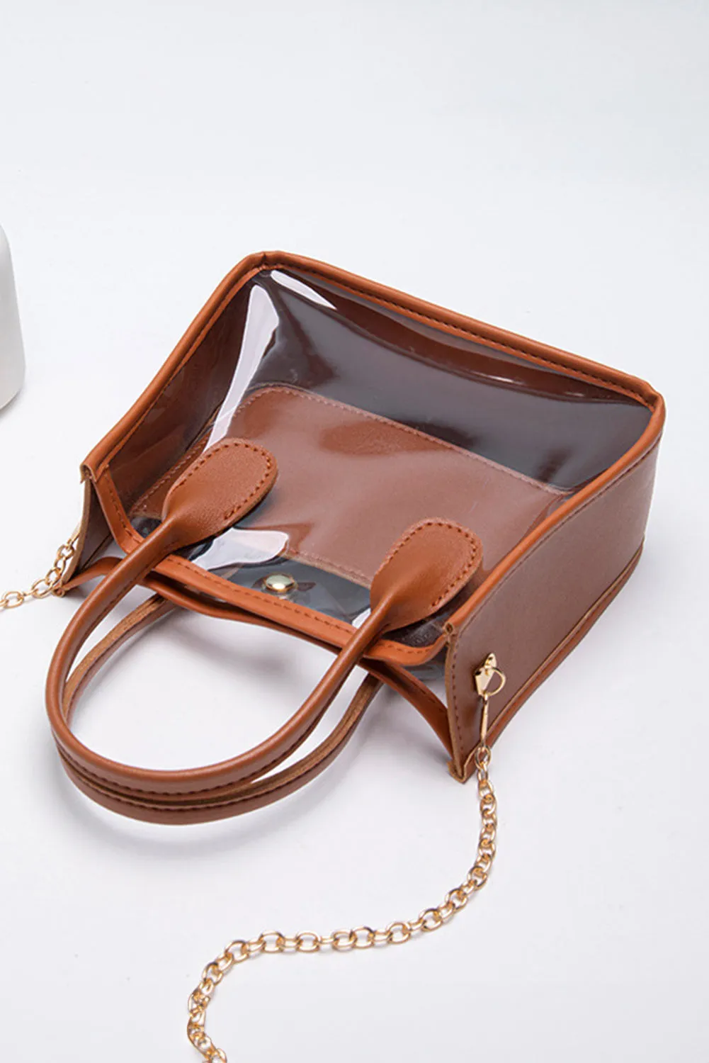 Chestnut PVC PU Leather Patchwork Chain Strap Shoulder Bag