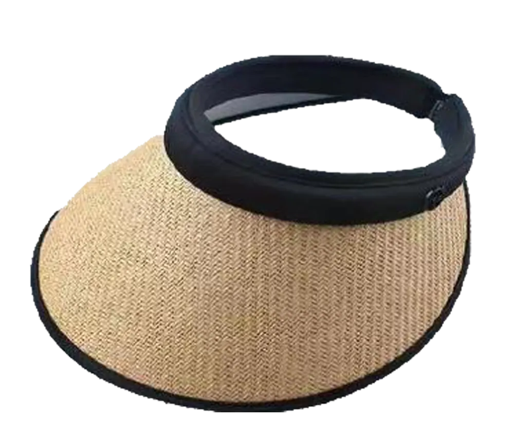 Fashion Hats Ladies Visor Rattan Woven Straw, Black-Cream, Natural