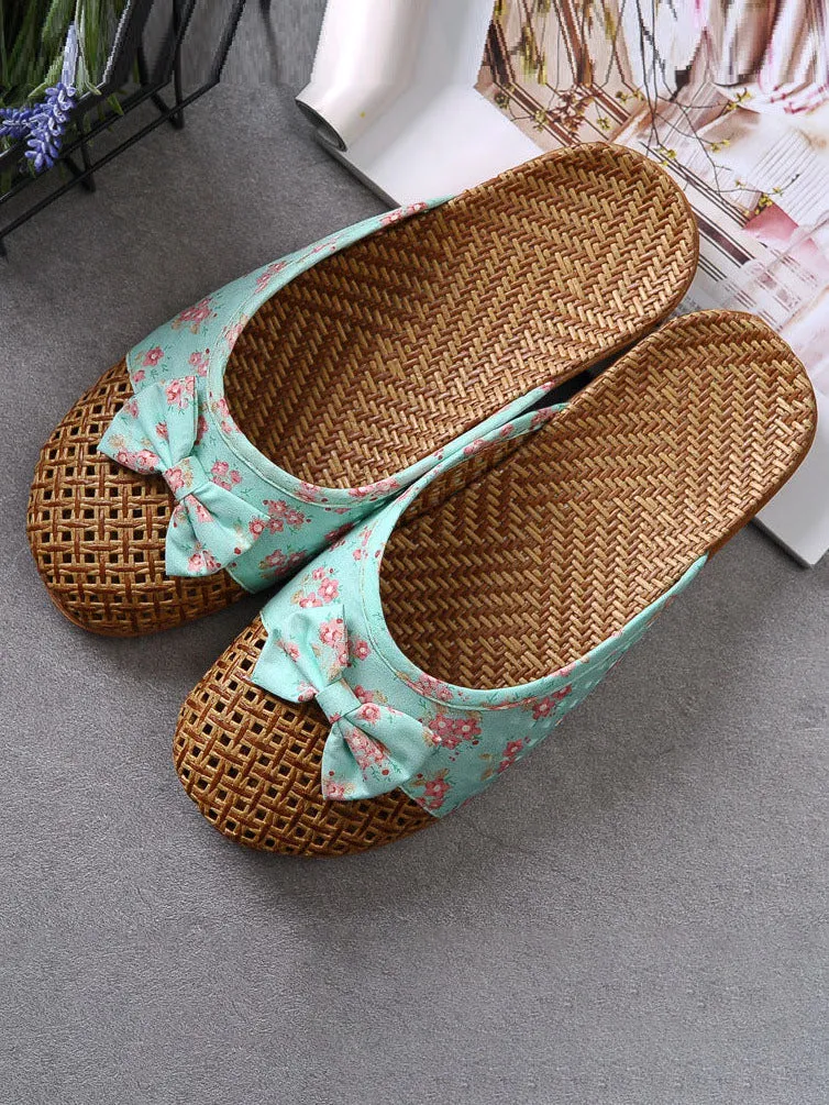 Floral Bowknot Splicing Linen Slippers