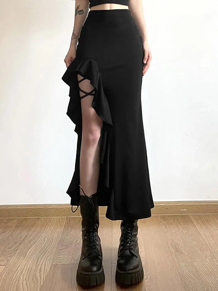 High Waist Irregular Split Goth Skirt