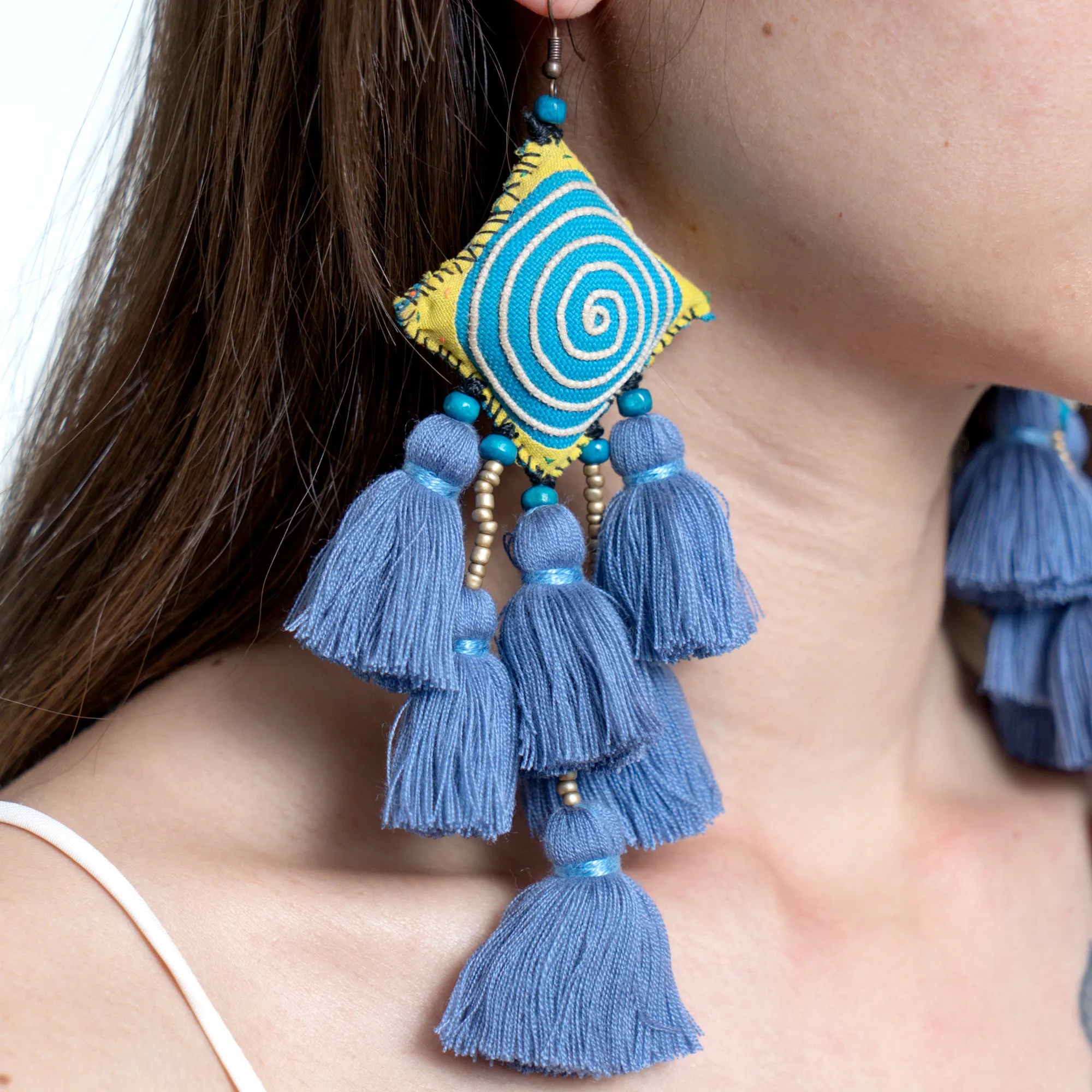 Hill Tribe Pillow Tassels Earrings in Blue