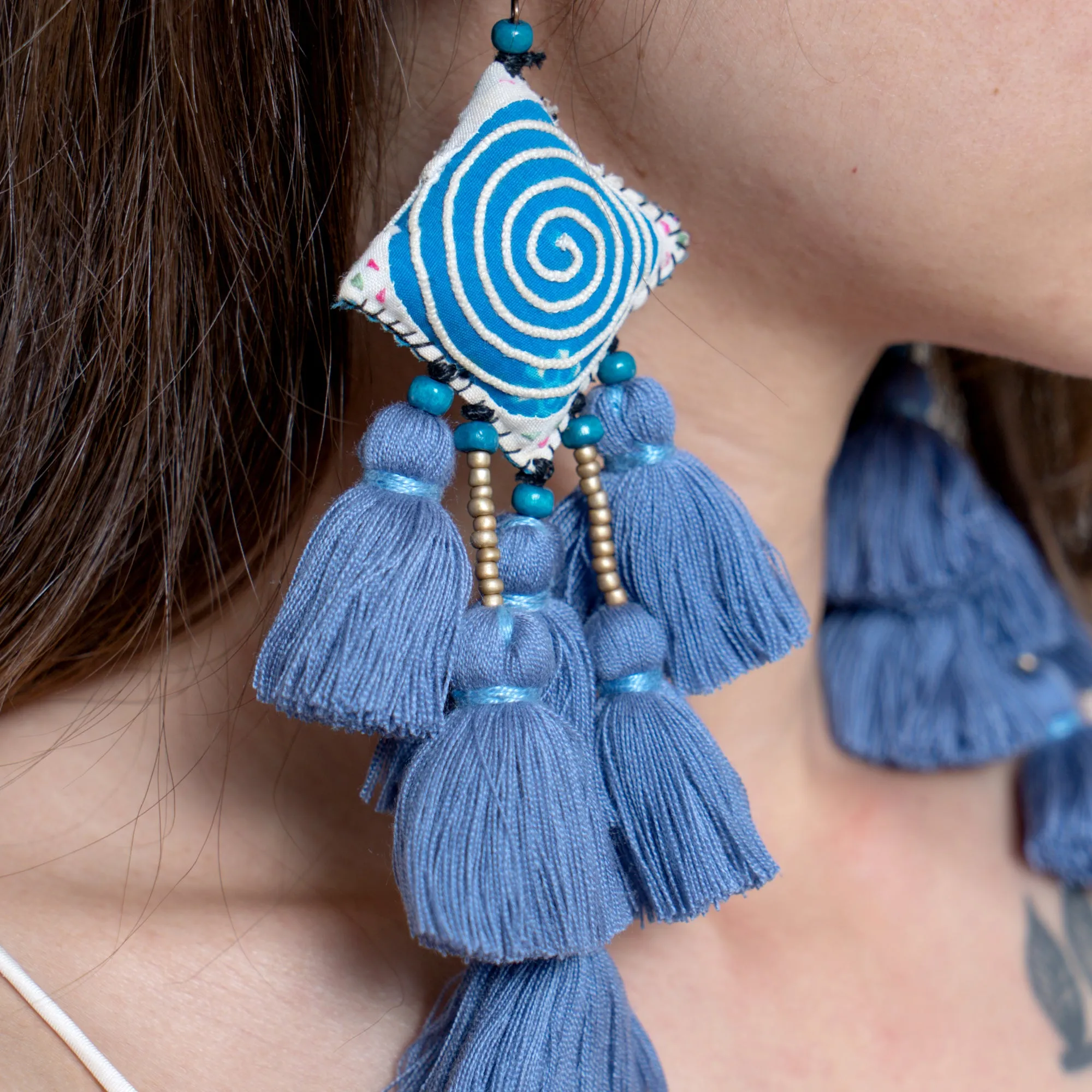 Hill Tribe Pillow Tassels Earrings in Blue